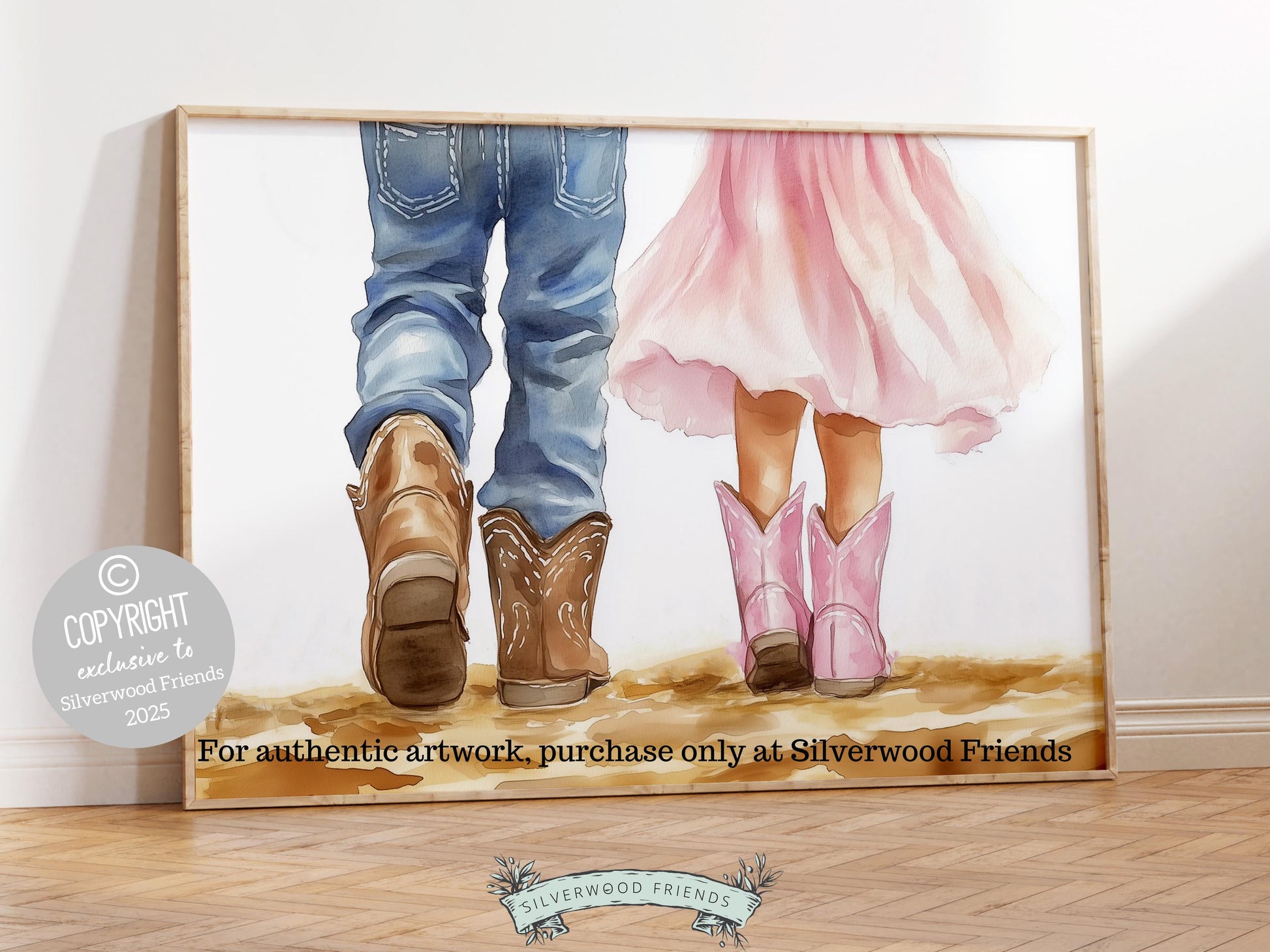 Celebrate the enduring love between a cowboy and cowgirl with our enchanting watercolor print, capturing a heartfelt moment as they walk side by side. The perfect addition to your western themed decor, this heartfelt artwork also makes a unique and thoughtful baby shower gift.