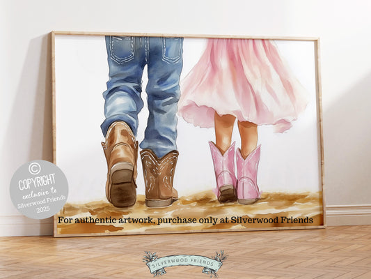 Celebrate the enduring love between a cowboy and cowgirl with our enchanting watercolor print, capturing a heartfelt moment as they walk side by side. The perfect addition to your western themed decor, this heartfelt artwork also makes a unique and thoughtful baby shower gift.