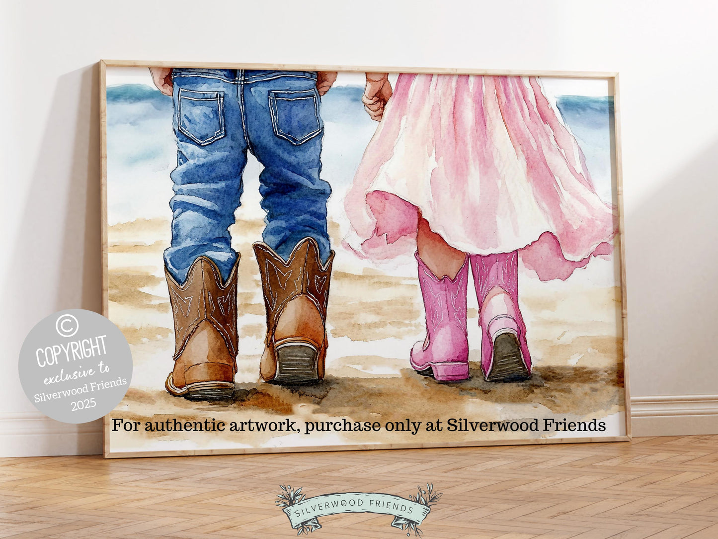 Celebrate the timeless bond between a cowboy and cowgirl with our enchanting watercolor print, featuring a little cowboy and cowgirl strolling along the beach. The perfect addition to your western themed decor, this heartfelt artwork also makes a unique and thoughtful baby shower gift.