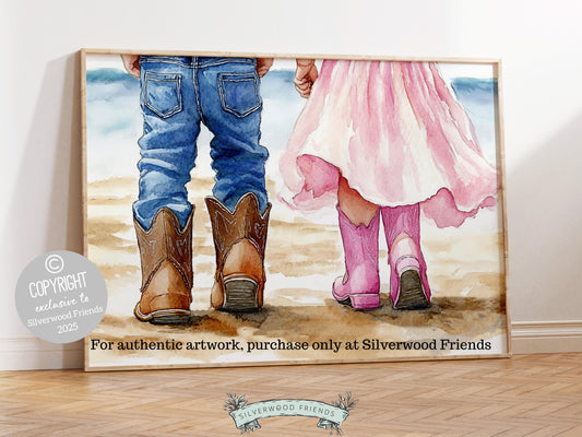 Celebrate the timeless bond between a cowboy and cowgirl with our enchanting watercolor print, featuring a little cowboy and cowgirl strolling along the beach. The perfect addition to your western themed decor, this heartfelt artwork also makes a unique and thoughtful baby shower gift.