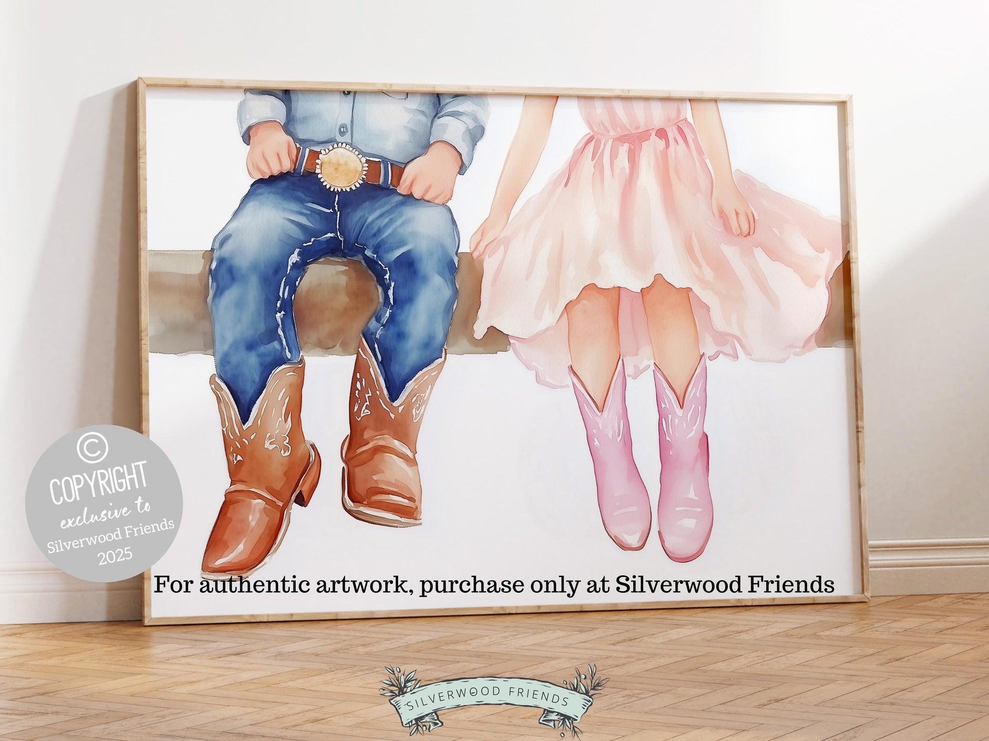 Celebrate the romance of the wild west with our enchanting watercolor print, showcasing a cowboy and cowgirl sitting together on a country fence, their boots swinging side by side. A charming addition to your western themed decor, this heartfelt artwork also makes a unique and thoughtful gift for couples, mothers, or a special baby shower.