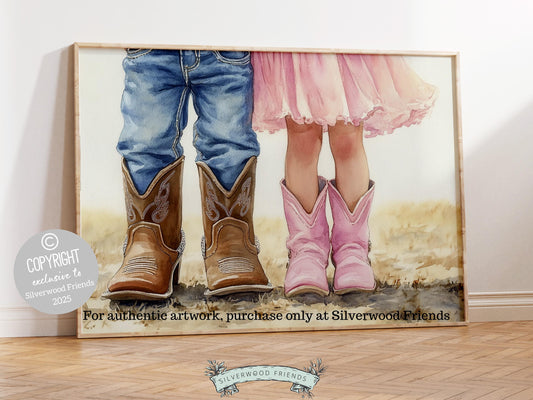 Celebrate the timeless bond between a cowboy and cowgirl with our enchanting watercolor print, featuring a little cowboy and cowgirl strolling together side by side. The perfect addition to your western themed decor, this heartfelt artwork also makes a unique and thoughtful baby shower gift.