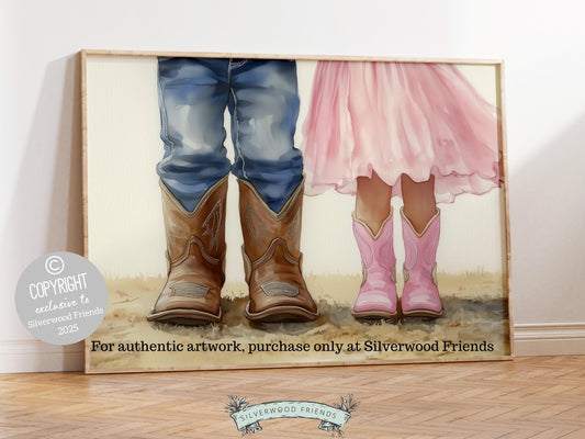 Celebrate the timeless bond between a cowboy and cowgirl with our enchanting watercolor print, featuring a little cowboy and cowgirl standing together side by side. The perfect addition to your western themed decor, this heartfelt artwork also makes a unique and thoughtful baby shower gift.
