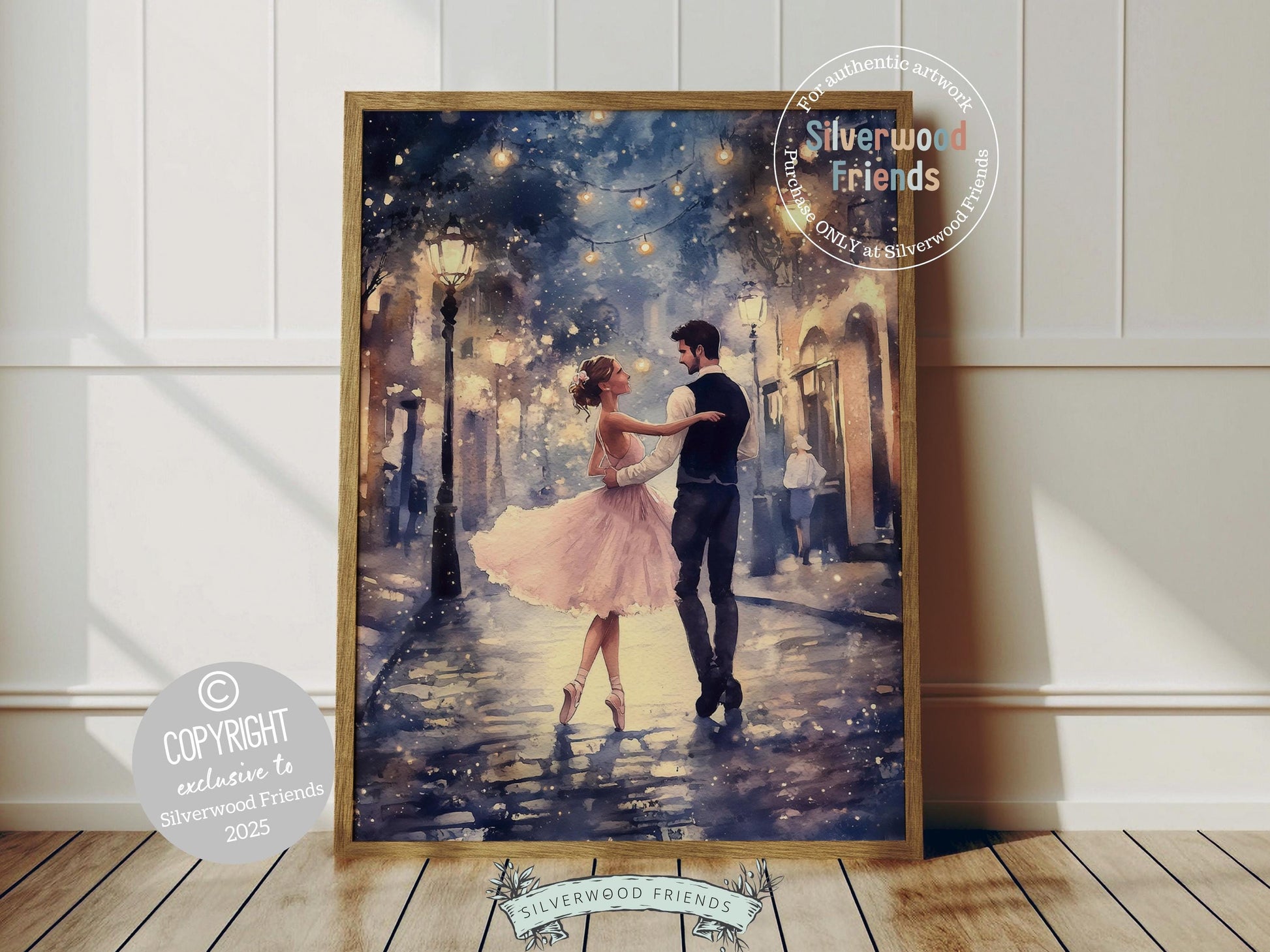 Celebrate love and romance with this enchanting ballet print, capturing a magical moment as a graceful ballerina dances with her partner beneath twinkling fairy lights. A perfect gift for Valentine&#39;s Day, Christmas, or a heartfelt housewarming present for couples, this dreamy artwork adds timeless elegance and whimsical charm to any space all year round!