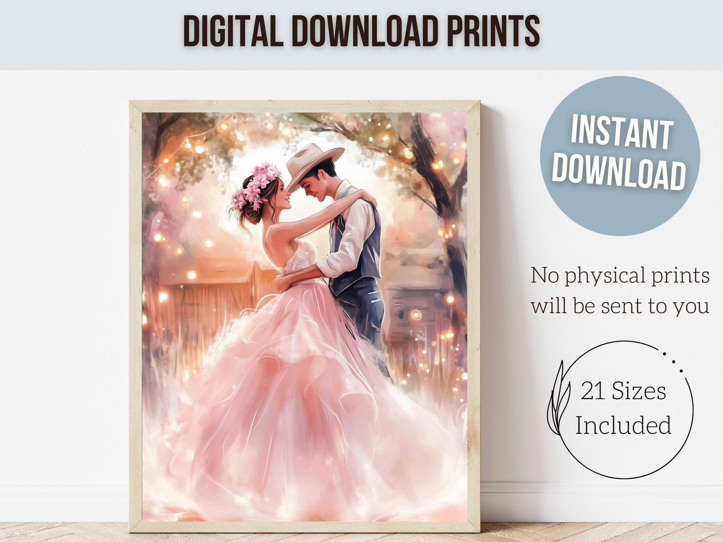 Western Wedding Print, Pink Cowboy Cowgirl Printable Wall Art, Engagement Present, Rustic Country Farmhouse Wedding Decor Gift Digital Print