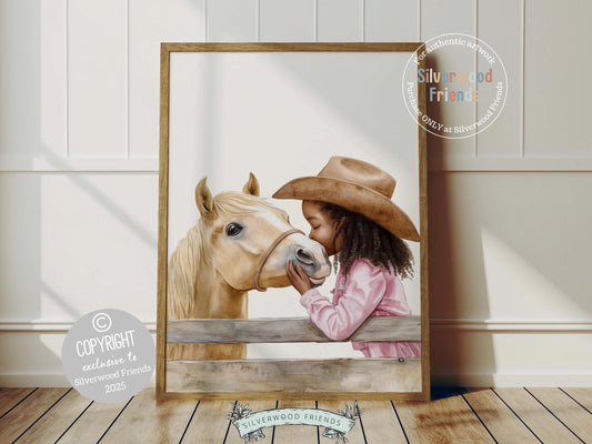 Saddle up for a heartwarming adventure! Our enchanting watercolor cowgirl print beautifully captures the magical bond between a little cowgirl and her beloved horse at a paddock fence. This artwork brings warmth, wonder, and a touch of the wild west to any nursery or horse themed space. A perfect keepsake for little riders and a truly special baby shower gift!