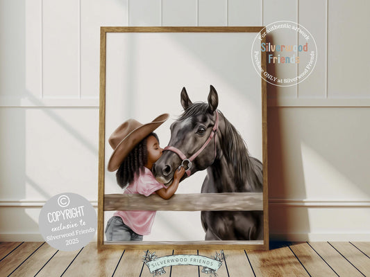 Our enchanting watercolor cowgirl print beautifully captures the magical bond between a little cowgirl and her beloved horse as she kisses it&#39;s nose at a paddock fence. This artwork brings warmth, wonder, and a touch of the wild west to any nursery or horse themed space. A perfect keepsake for little riders and a truly special baby shower gift!