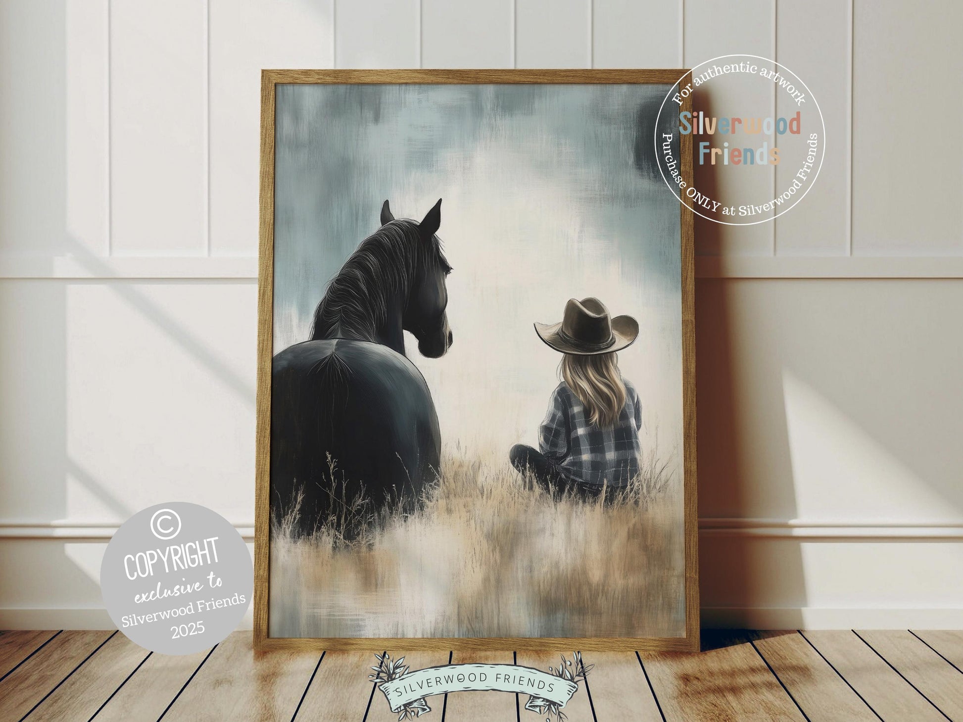 Celebrate the timeless bond between a cowgirl and her beloved black horse with this enchanting watercolor print, capturing a heartwarming moment in a rustic paddock. Perfect for both western nurseries and farmhouse decor, this versatile artwork brings a touch of country charm and equestrian beauty to any space.