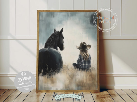 Celebrate the timeless bond between a cowgirl and her beloved black horse with this enchanting watercolor print, capturing a heartwarming moment in a rustic paddock. Perfect for both western nurseries and farmhouse decor, this versatile artwork brings a touch of country charm and equestrian beauty to any space.