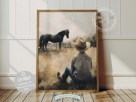 Add a touch of rustic charm to any western themed space with our Cowboy Nursery Print, featuring a sweet little cowboy sitting in a paddock, admiring his beloved black horse. Perfect for western nurseries, rustic farmhouse decor, or as a heartfelt baby shower gift for horse loving families.