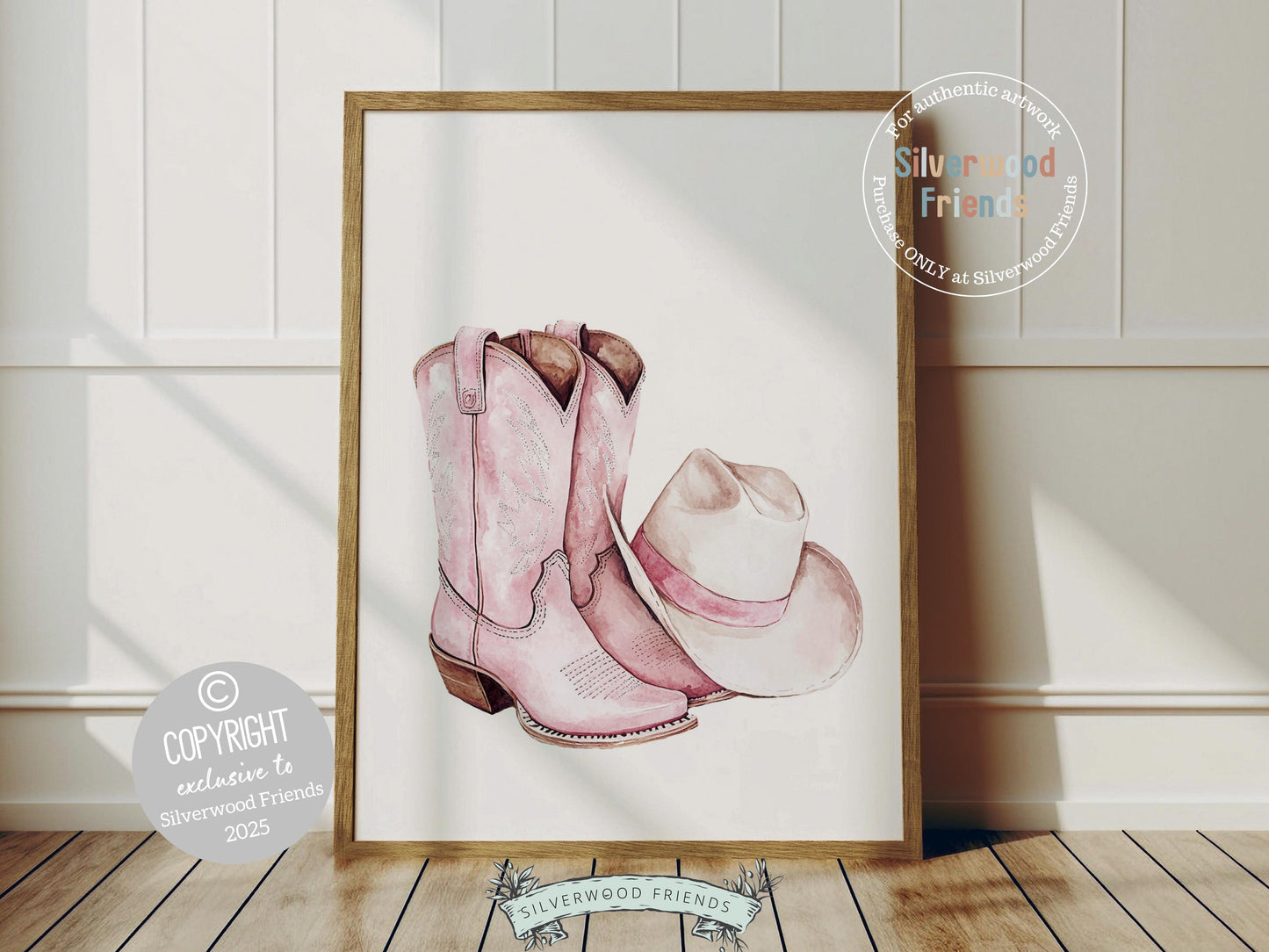 Infuse your decor with western flair using our Cowgirl Boots and Hat Print, showcasing watercolor cowgirl boots and a hat in soft pink and beige hues.