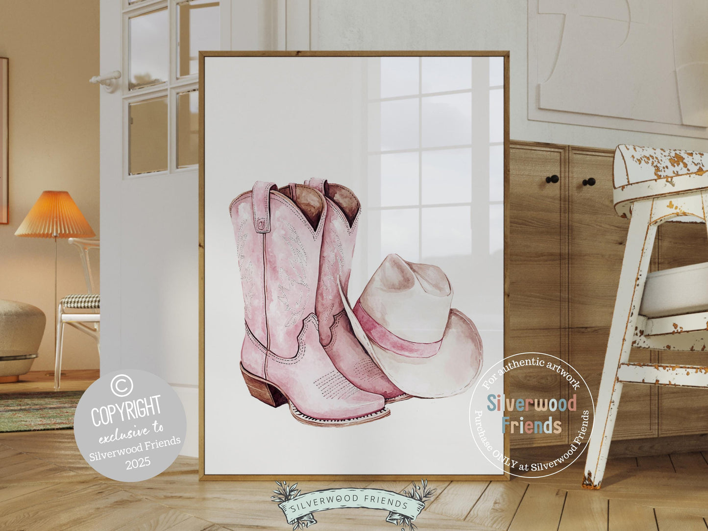 Pink Cowgirl Boots Hat Print, Girly Coastal Cowgirl Print, Trendy Pink Western Dorm Room Wall Decor,Preppy Pink Teen Girl Room Digital Print