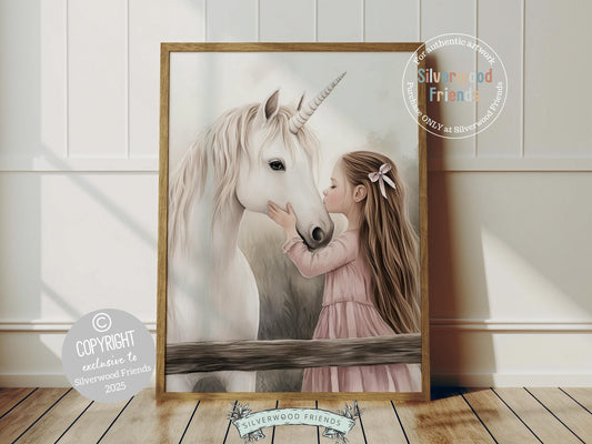 Create a dreamy fairytale nursery with our Unicorn Nursery Print, featuring a sweet moment between a little girl and her magical white unicorn. A whimsical touch for your nursery decor and also makes a heartfelt baby shower gift that will be adored!