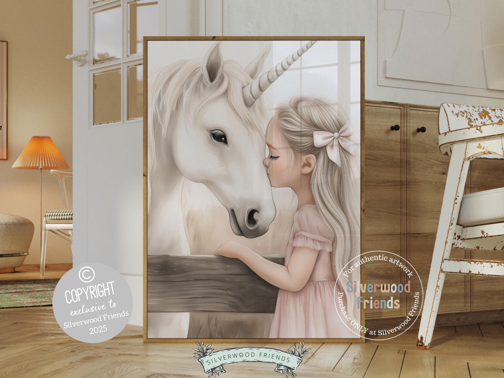 Baby Girl Unicorn Nursery Print, White Unicorn Horse Nursery Decor, Fairytale Nursery Wall Art, Little Girl's Fantasy Nursery Digital Print