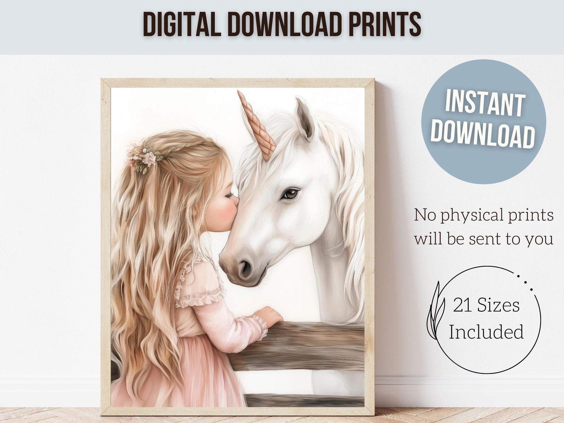 Baby Girl Unicorn Nursery Print, White Unicorn Horse Nursery Bedroom Decor, Little Girl's Fairytale Fantasy Nursery Wall Art Digital Print