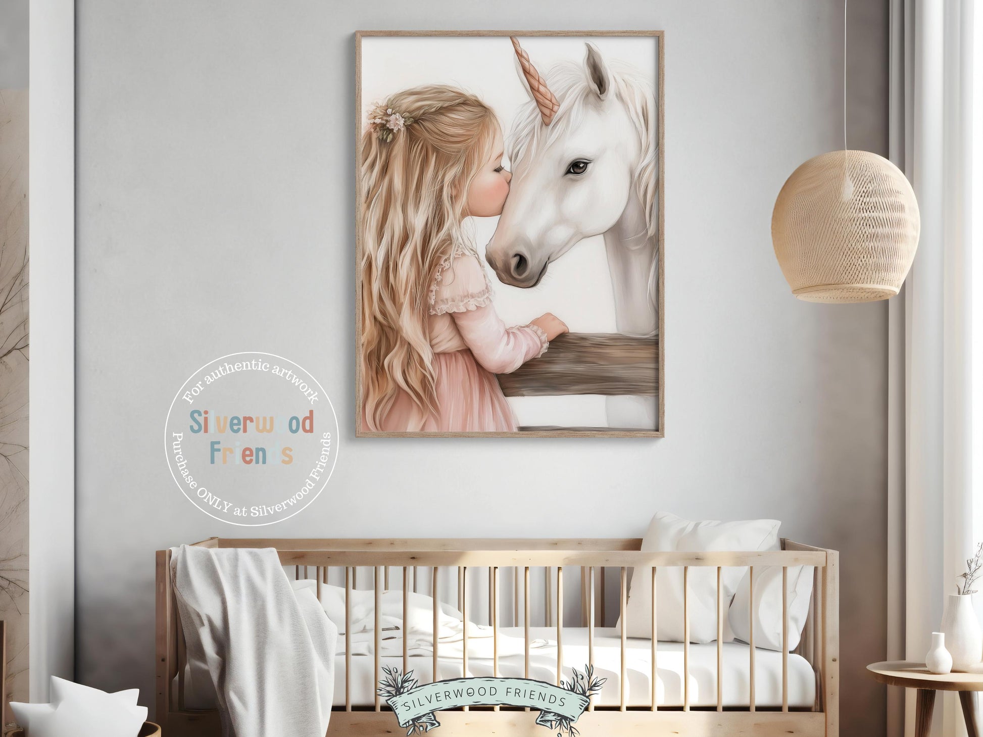 Baby Girl Unicorn Nursery Print, White Unicorn Horse Nursery Bedroom Decor, Little Girl's Fairytale Fantasy Nursery Wall Art Digital Print
