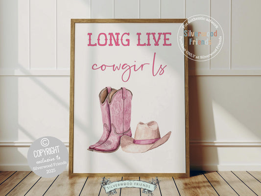 Add a touch of western charm to your space with our Cowgirl Print, featuring a pink,beige and white watercolor cowgirl hat and boots alongside the quote Long Live Cowgirls. Perfect for country themed decor, this stylish artwork makes a lovely addition to a nursery, teen room, or any cowgirl inspired space!