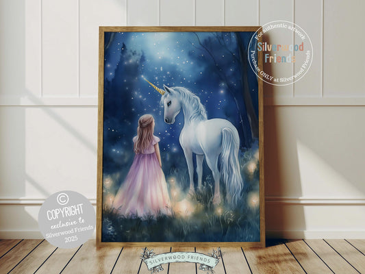 Illuminate your little one&#39;s nursery with the magic of our Unicorn Nursery Print, featuring a tender moment between a little girl and a majestic white unicorn beneath a twinkling starry sky. A whimsical addition to your nursery decor and a heartfelt baby shower gift to treasure forever!