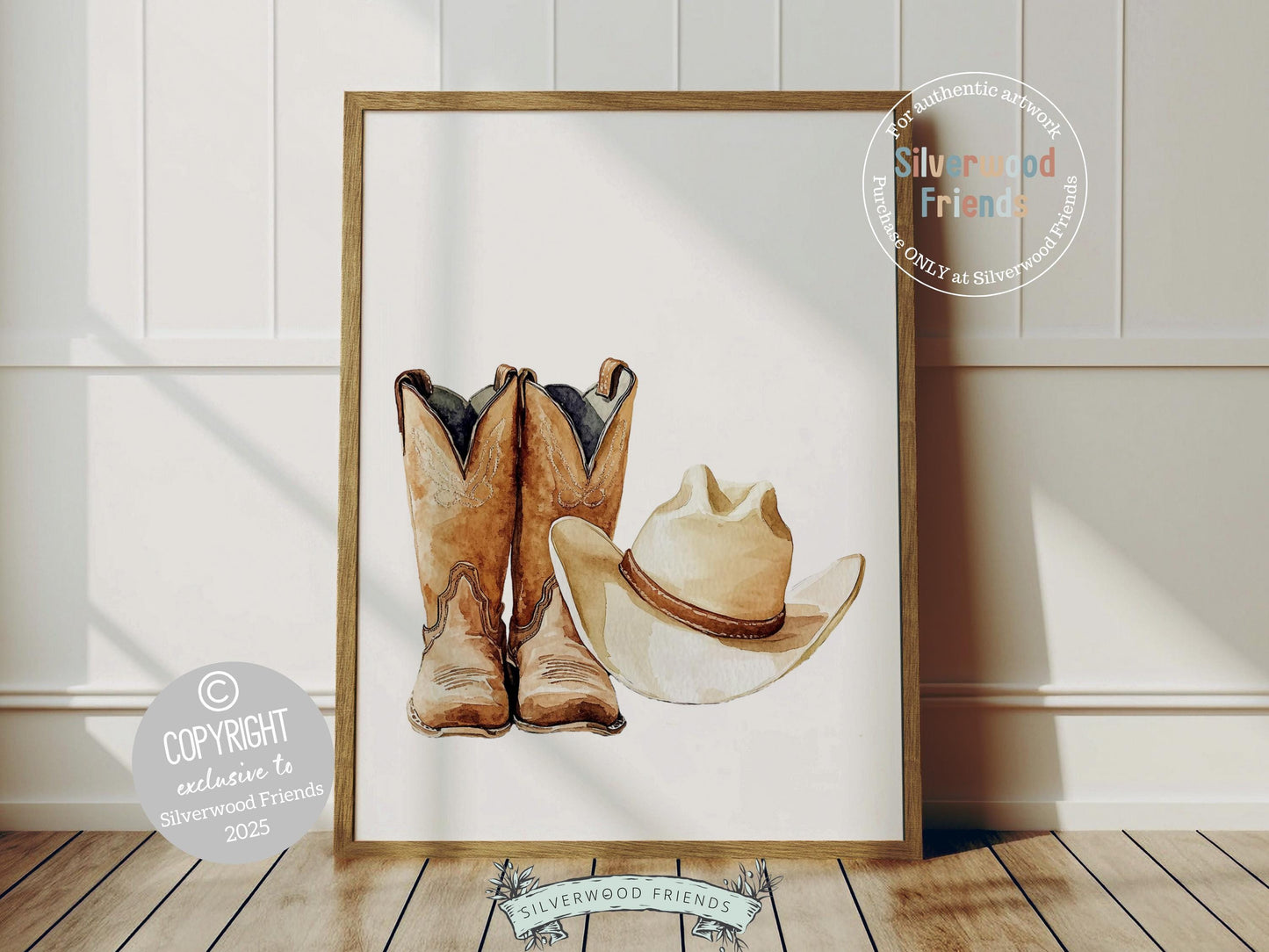 Add a touch of rustic charm to your baby boys nursery with our Cowboy Nursery Print, featuring watercolour cowboy hat and boots. Perfect for western themed decor and a thoughtful baby shower gift for horse loving families.