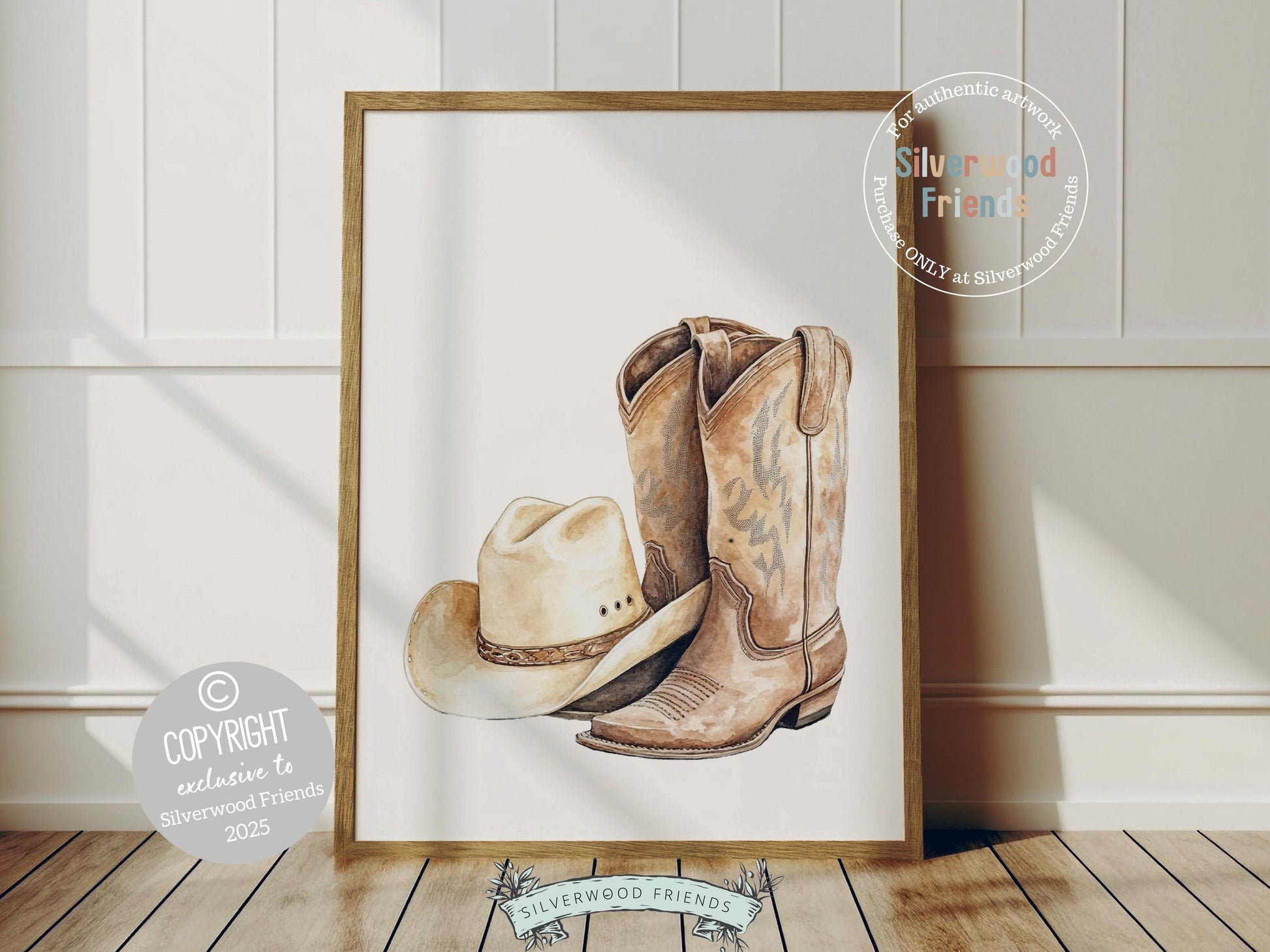 Add a touch of rustic charm to your baby boys nursery with our Cowboy Nursery Print, featuring watercolour cowboy hat and boots. Perfect for western themed decor and a thoughtful baby shower gift for horse loving families.