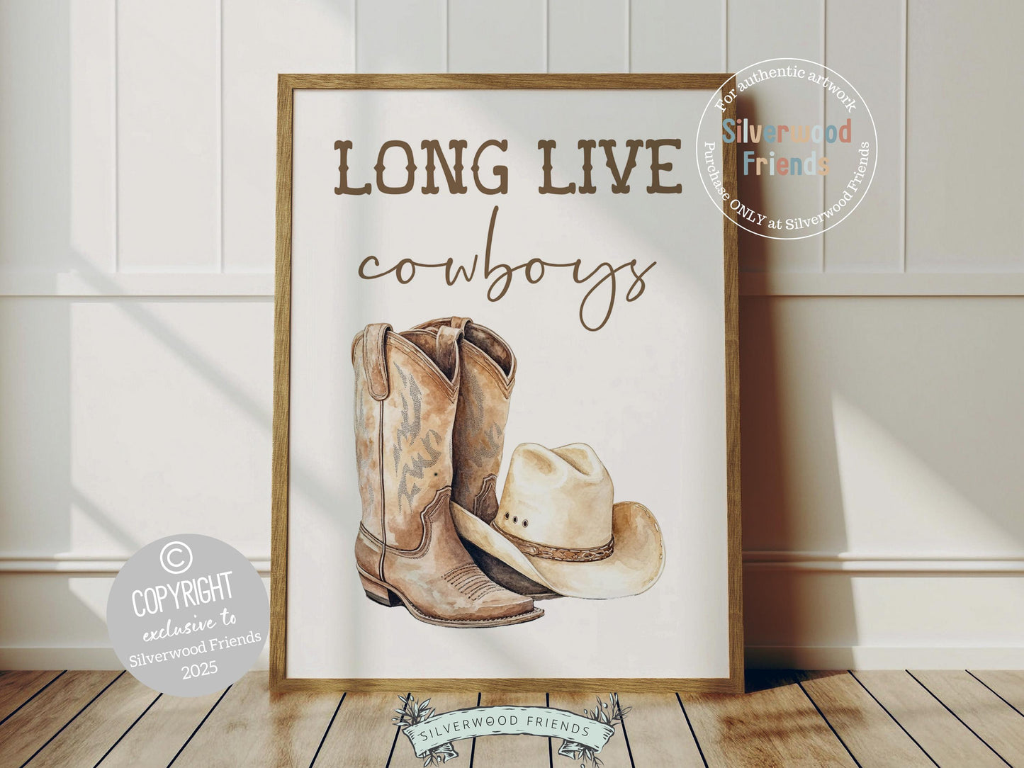 Add a touch of rustic charm to your baby boy&#39;s nursery with our Cowboy Nursery Print, featuring watercolor cowboy hat and boots and the quote Long Live Cowboys. Perfect for western themed decor and a thoughtful baby shower gift for horse loving families.