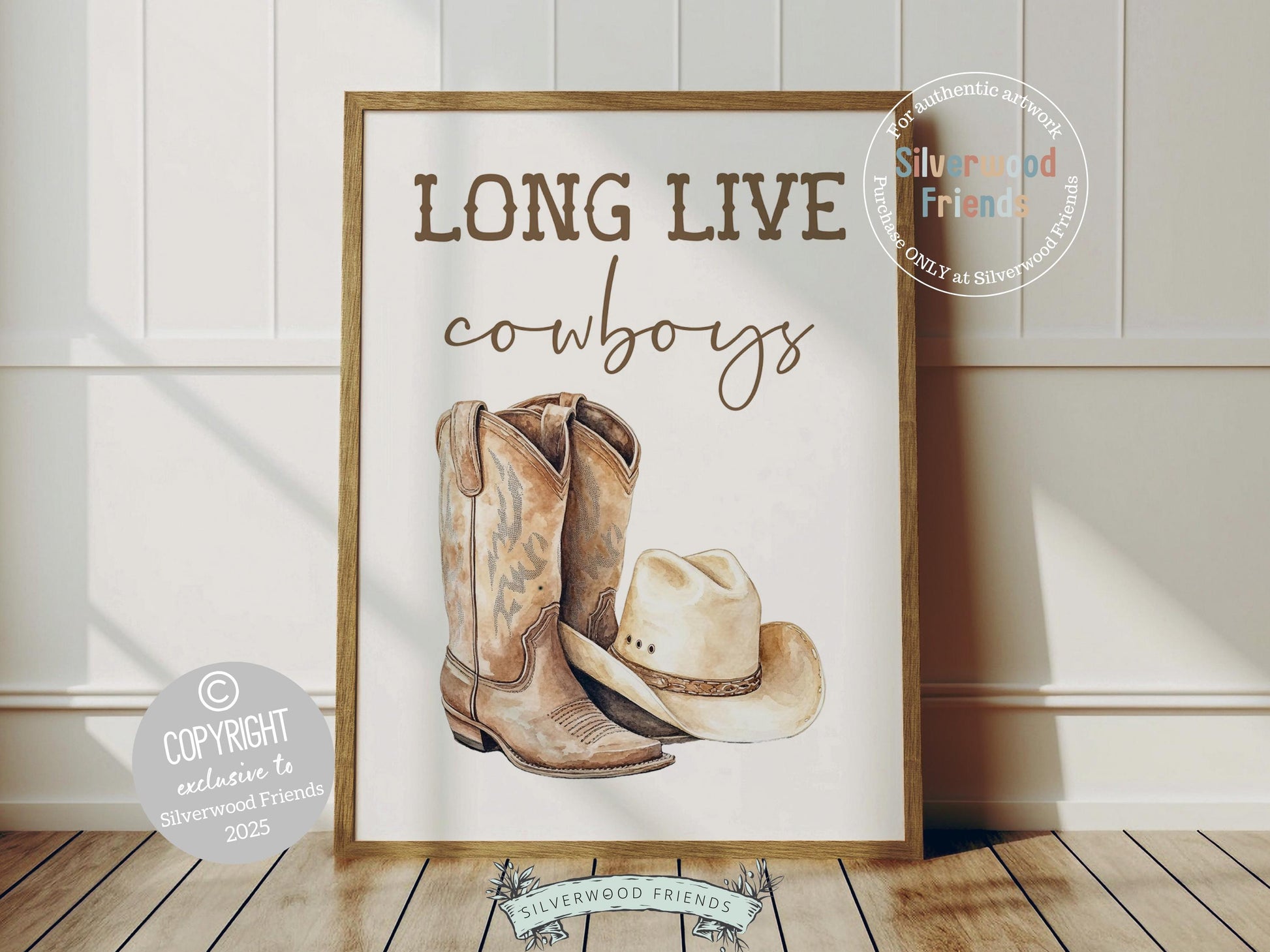 Add a touch of rustic charm to your baby boy&#39;s nursery with our Cowboy Nursery Print, featuring watercolor cowboy hat and boots and the quote Long Live Cowboys. Perfect for western themed decor and a thoughtful baby shower gift for horse loving families.