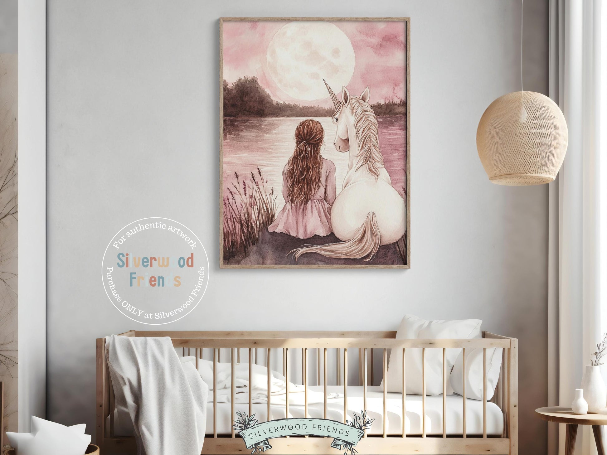 Baby Girl Unicorn Nursery Print, Pastel Pink Unicorn Nursery Bedroom Decor, Full Moon Fairytale Fantasy Nursery Wall Art Digital Print