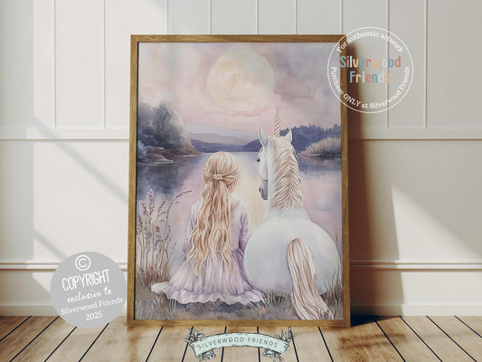Create a dreamy sanctuary for your little one with our Unicorn Nursery Print, showcasing a girl and her unicorn peacefully sitting by the river beneath a glowing full moon and a soft pastel purple pink sunset. A magical touch for any nursery!