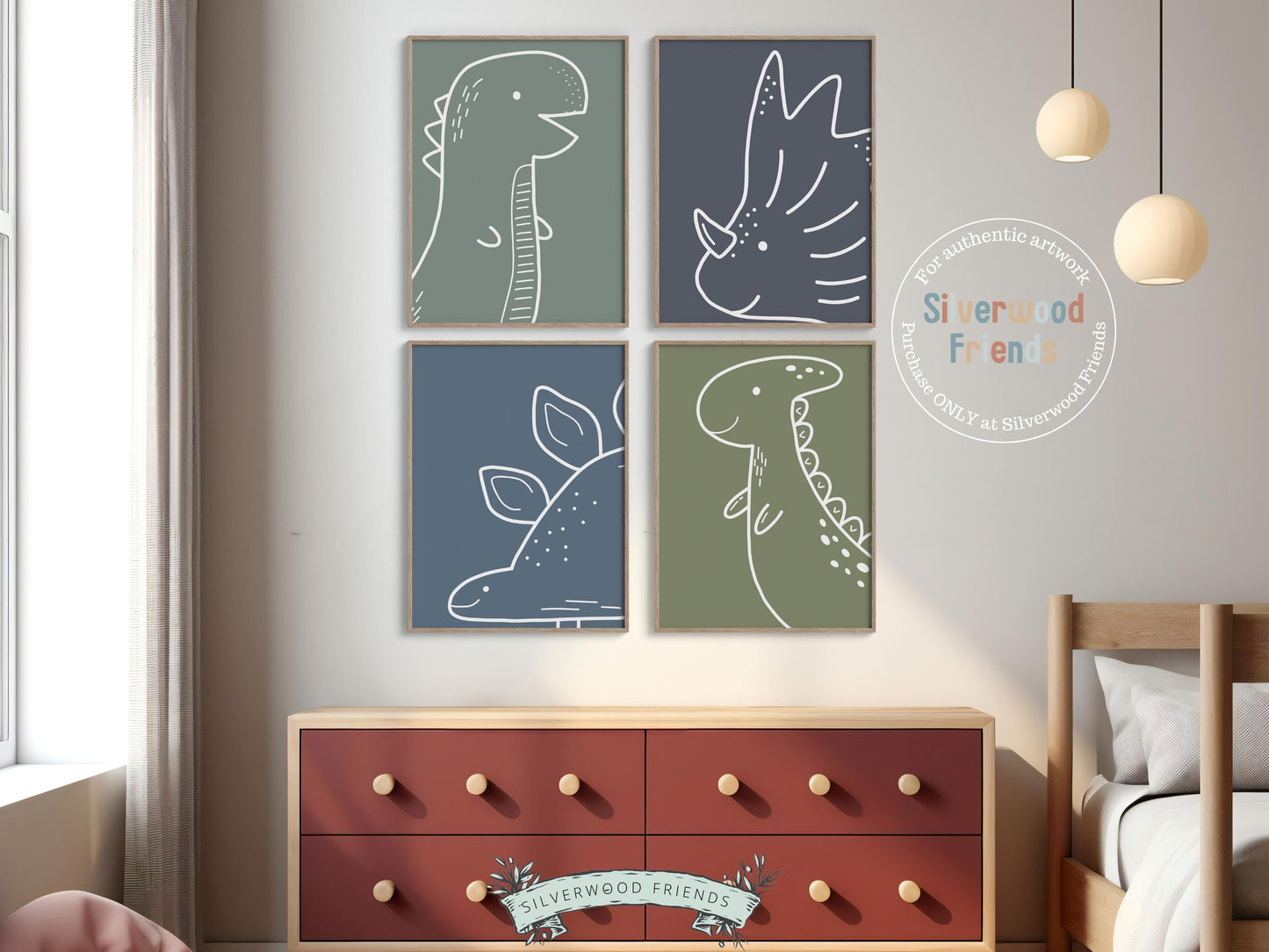 Dinosaur Printable Set of 4 Prints, Boys Navy Blue Dinosaur Outline Nursery Print, Baby Dino Room Decor, Dinosaur Silhouette Digital Prints