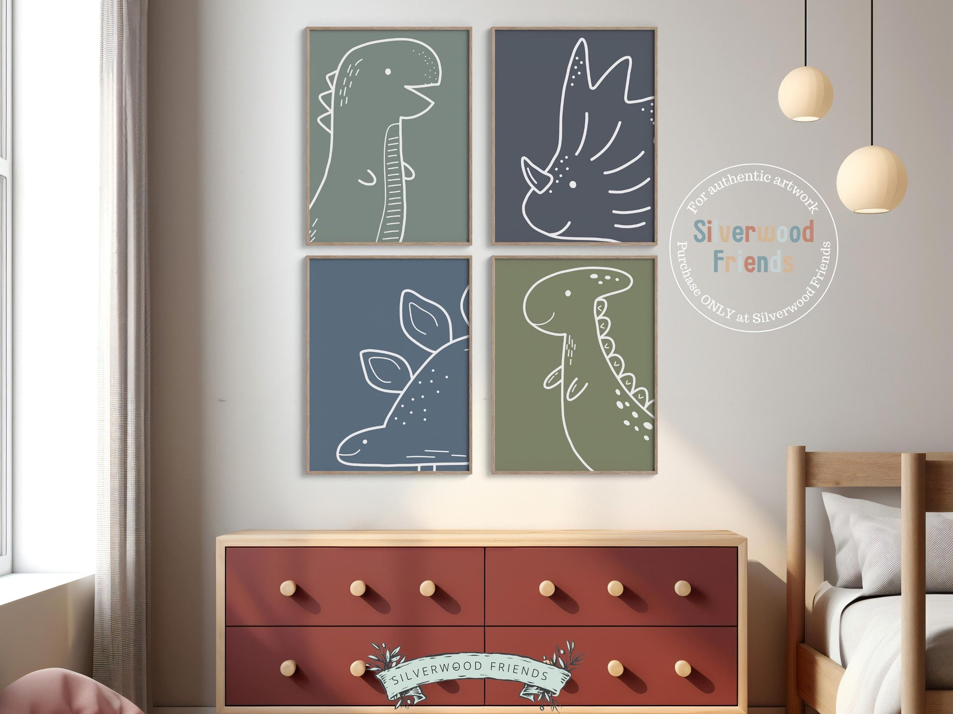 Dinosaur Printable Set of 4 Prints, Boys Navy Blue Dinosaur Outline Nursery Print, Baby Dino Room Decor, Dinosaur Silhouette Digital Prints