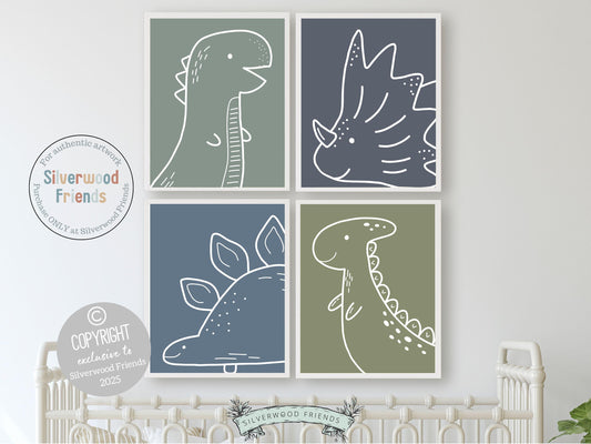 Our Dinosaur Printable Set of 4 features minimalist dinosaur outlines on dusty blue and green backgrounds, creating a stylish yet playful touch for any little dino lover’s space. Perfect for dinosaur nursery decor or as a unique dinosaur-themed baby shower gift!