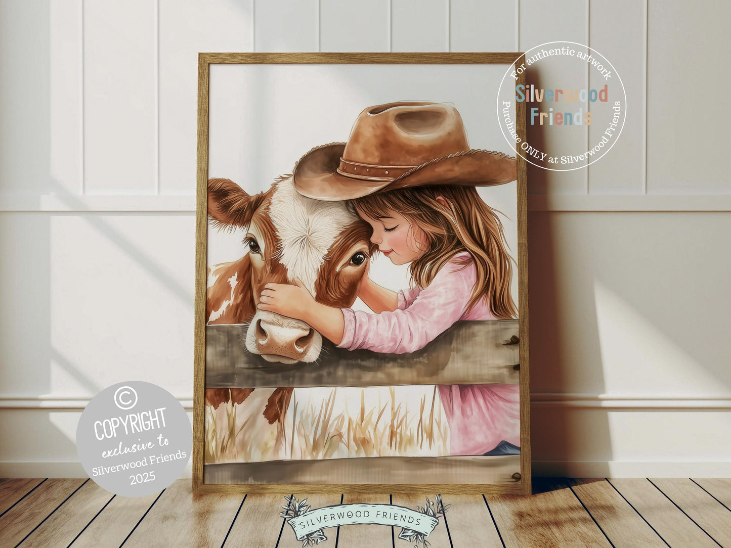 This charming watercolor print captures a sweet moment between a little cowgirl and her beloved Hereford calf, bringing warmth and rustic charm to any space. Perfect for western themed nurseries or kids&#39; farmhouse bedrooms, it also makes a heartfelt baby shower gift to be treasured for years to come!