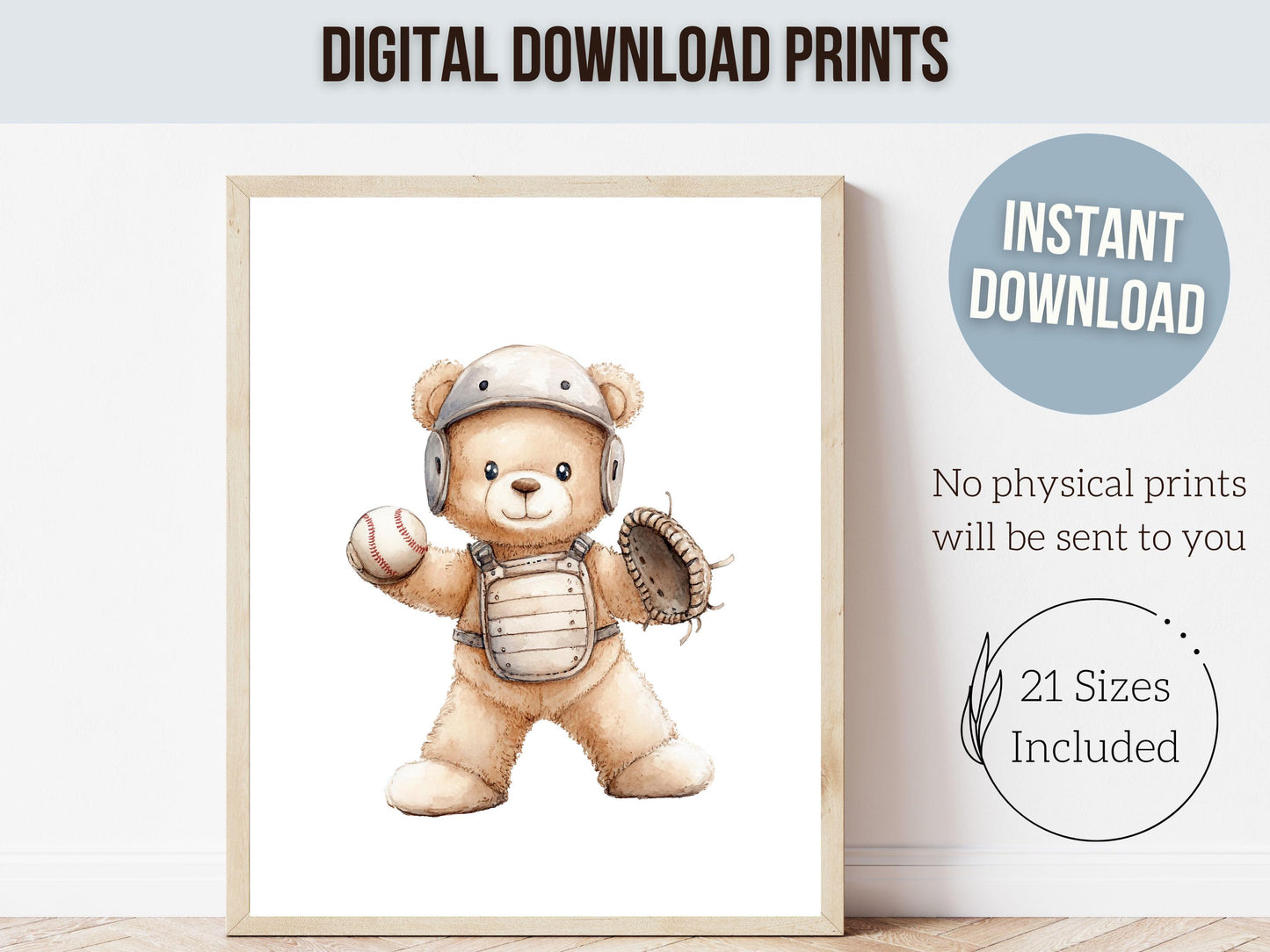 Baseball Nursery Prints, Woodland Teddy Bear Nursery Decor, Boys Room Sport Theme Decor, Kids Baseball Bear Printable Posters Digital Prints