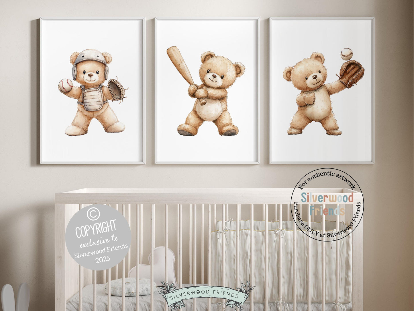 Baseball Nursery Prints, Woodland Teddy Bear Nursery Decor, Boys Room Sport Theme Decor, Kids Baseball Bear Printable Posters Digital Prints