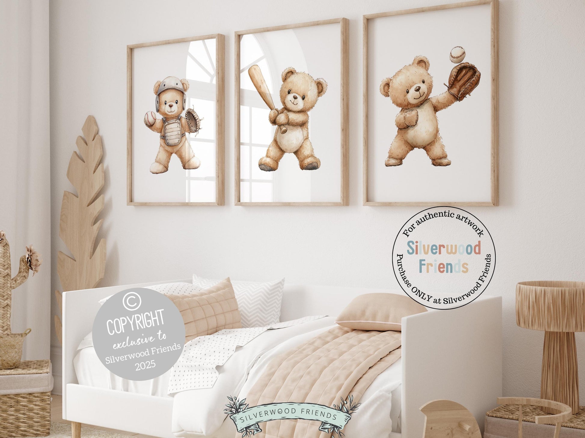 Knock your nursery decor out of the park! ⚾ Our Baseball Nursery Print Set of 3 showcases charming teddy bears playing baseball, adding the perfect blend of sporty fun and woodland charm to your little sluggers room. A home run gift for baby showers and sports-loving families!