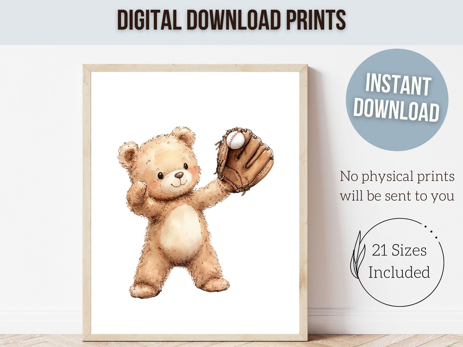 Teddy Bear Baseball Nursery Prints, Woodland Teddy Bear Baseball Nursery Decor, Toddler Boy Sports Theme Playroom Room Decor Digital Prints