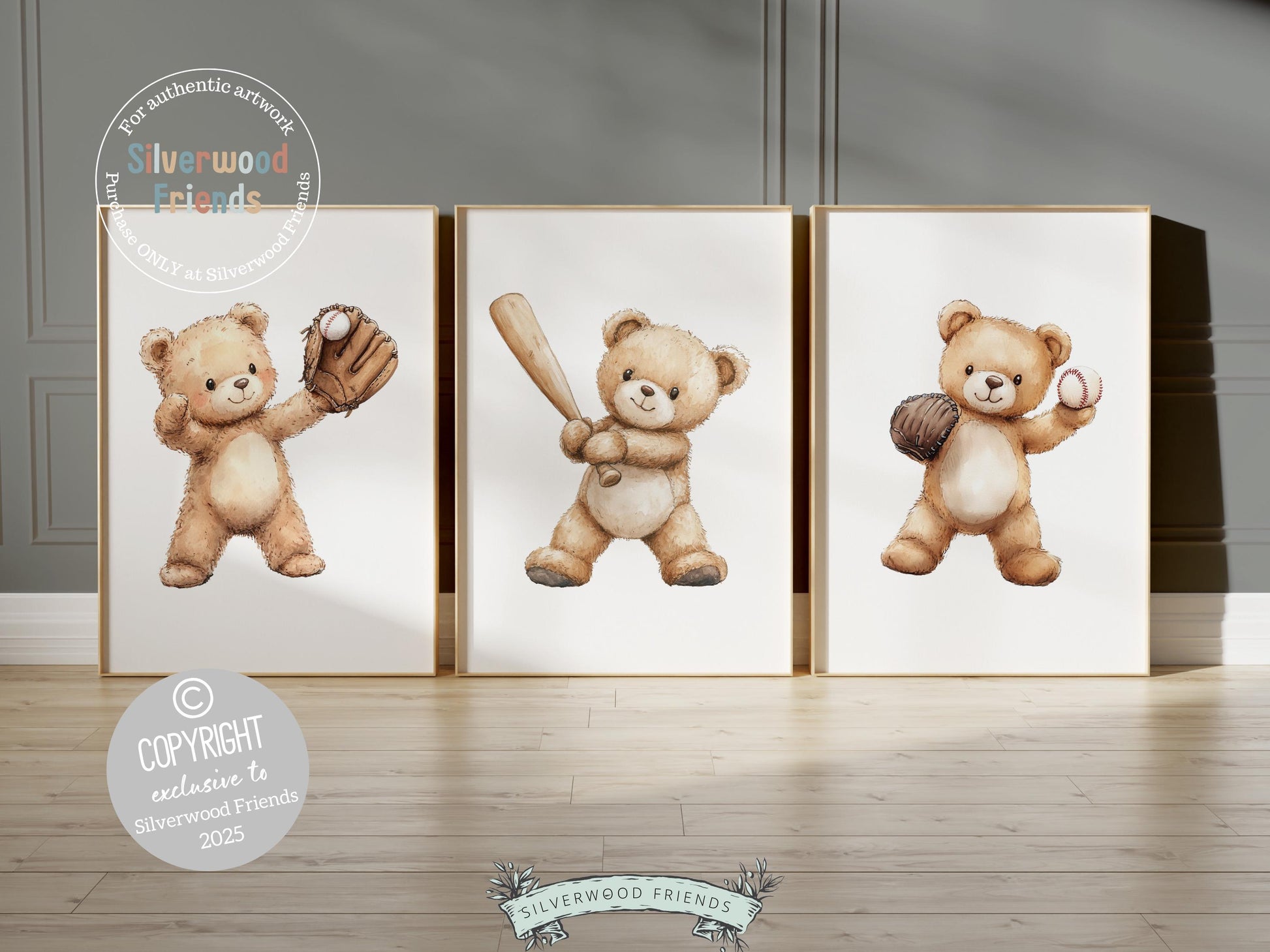 Teddy Bear Baseball Nursery Prints, Woodland Teddy Bear Baseball Nursery Decor, Toddler Boy Sports Theme Playroom Room Decor Digital Prints