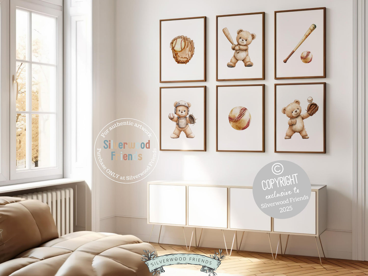 Teddy Bear Baseball Nursery Prints Set of 6, Teddy Bear Baseball Nursery Decor, Toddler Boy Sports Theme Playroom Room Decor Digital Prints