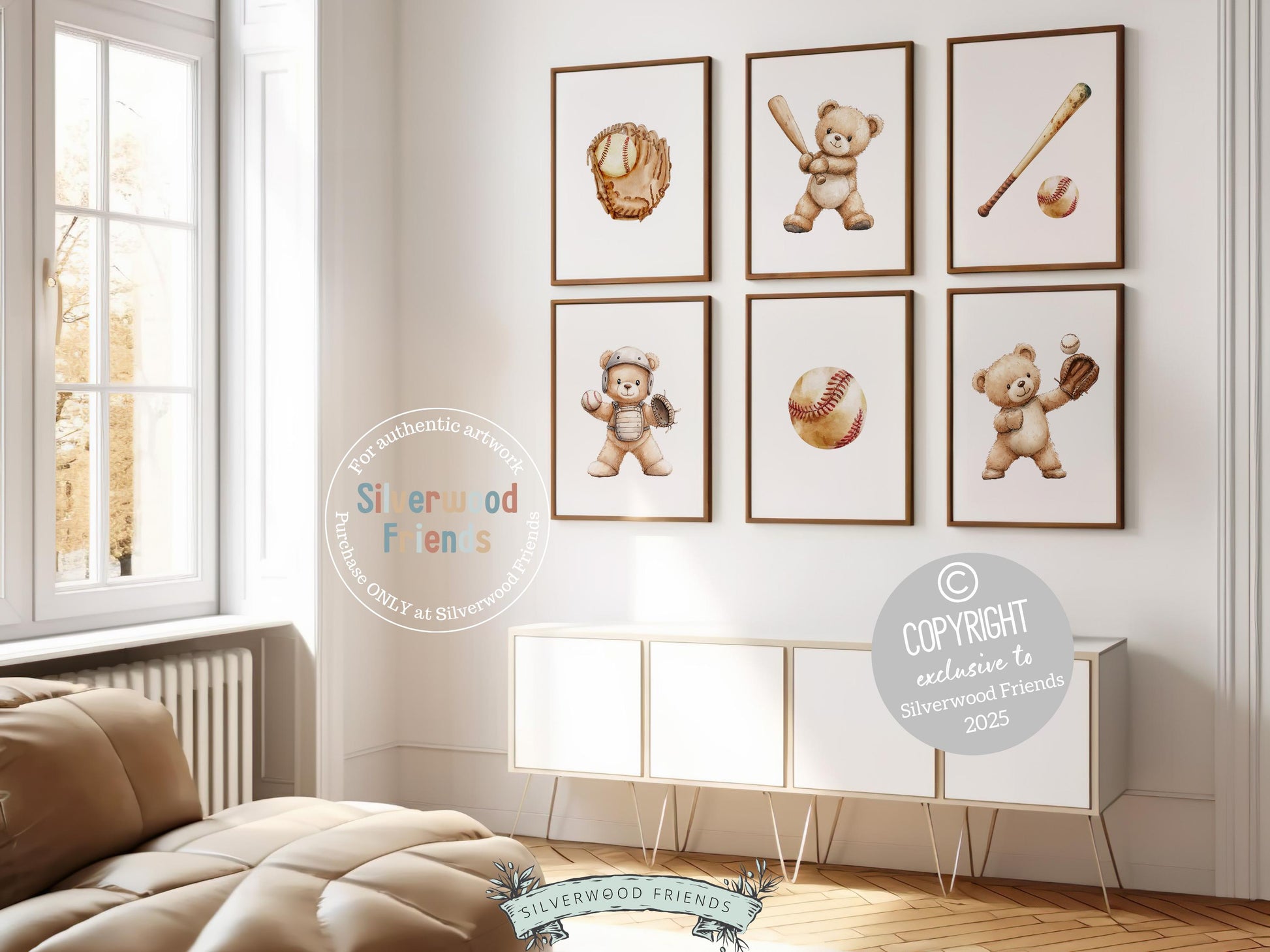Teddy Bear Baseball Nursery Prints Set of 6, Teddy Bear Baseball Nursery Decor, Toddler Boy Sports Theme Playroom Room Decor Digital Prints