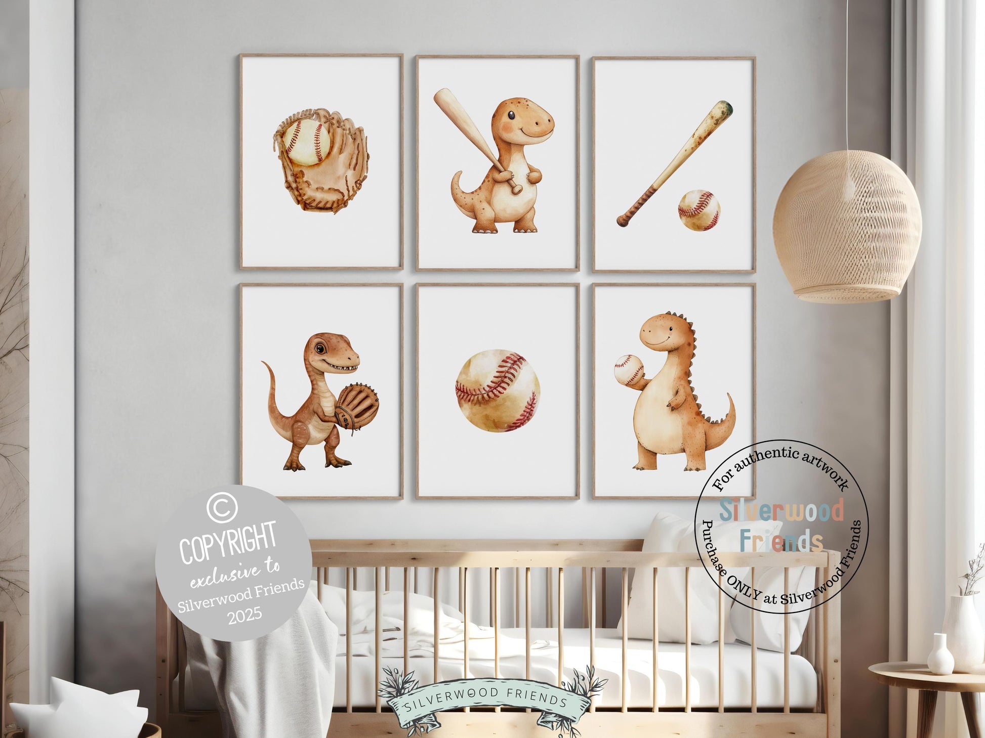 Baseball Nursery Print Set of 6, Baby Boy Dinosaur Baseball Nursery Decor, Toddler Boy Dino Sport Theme Baseball Room Decor Digital Print