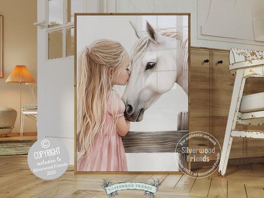 Immerse yourself in the timeless bond between cowgirl and horse with our enchanting watercolor print, depicting a little blonde girl with her beloved white horse.