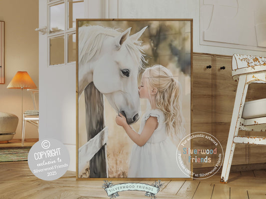 Immerse yourself in the timeless bond between cowgirl and horse with our enchanting watercolor print, depicting a little blonde girl with her beloved white horse at a paddock fence.