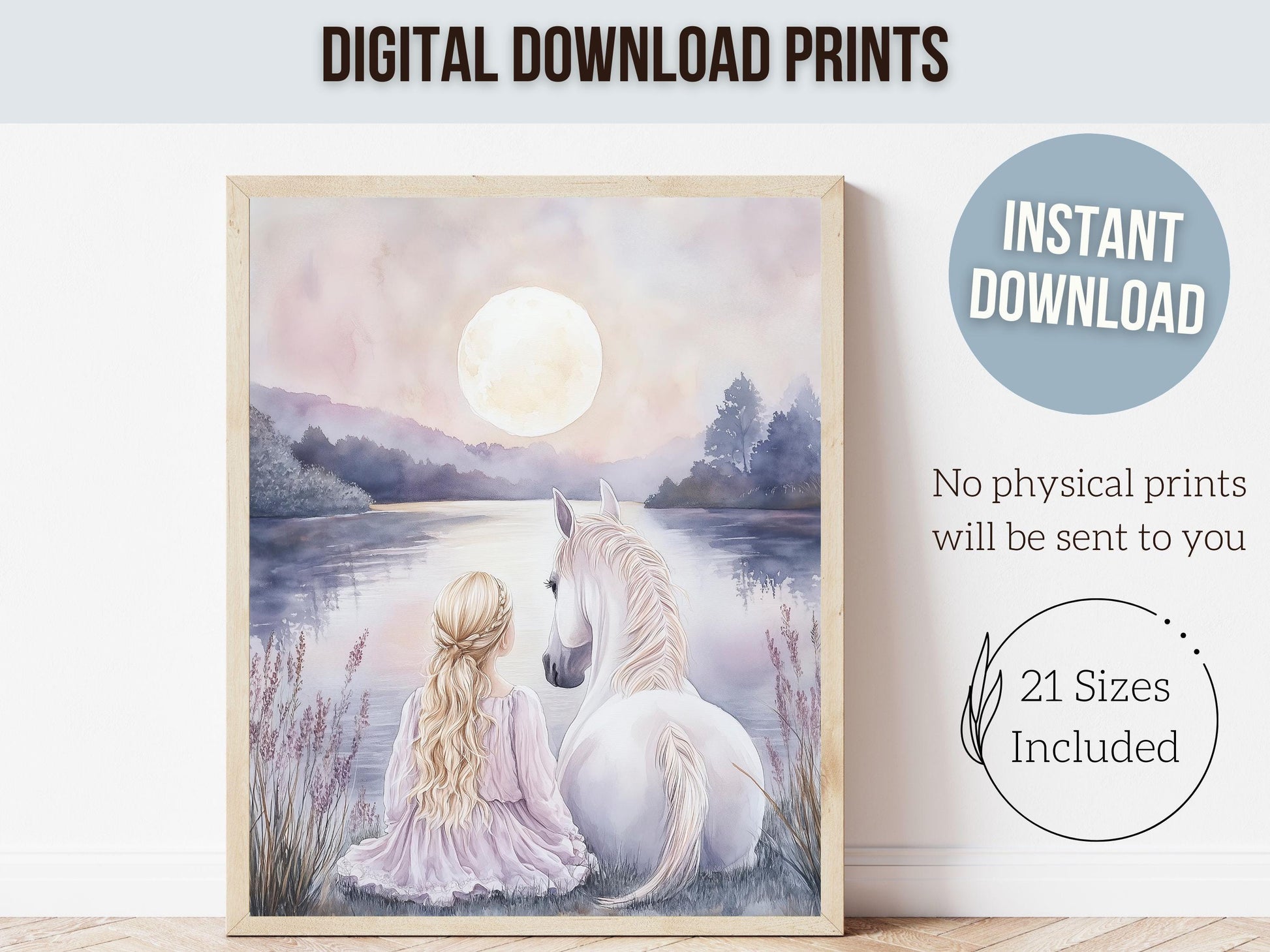 White Horse Print, Little Girl Horse Nursery Decor, Pastel Pink Horse Nursery Wall Art, Girl Horse Fairytale Princess Picture Digital Print