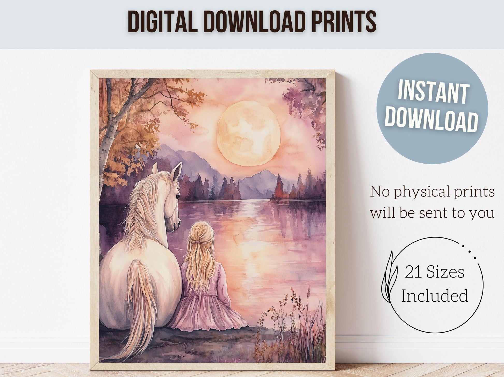 White Horse Print, Little Girl Horse Nursery Decor, Pastel Pink Horse Nursery Wall Art, Girl Horse Fairytale Princess Picture Digital Print