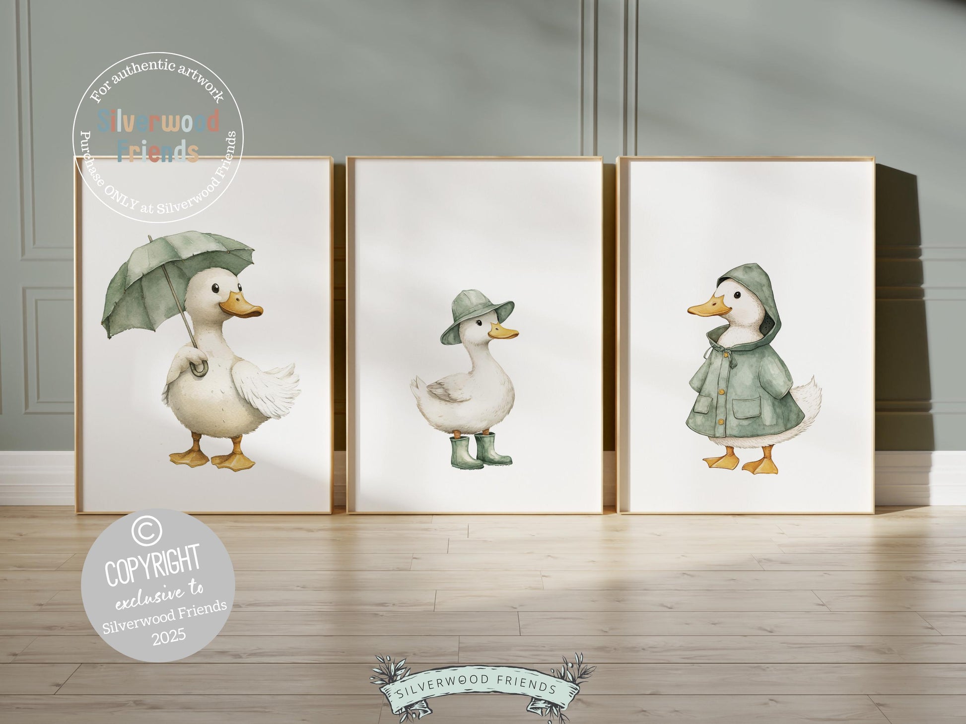 Set of 3 Duck Nursery Prints, Sage Green Duck Nursery Decor, Gender Neutral Duck Nursery Wall Art, Kids Farm Animal Wall Decor Digital Print