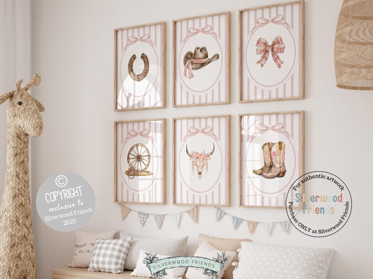 Infuse your baby girls nursery with western flair using our Set of 6 Cowgirl Nursery Prints, showcasing watercolor cowgirl essentials with pale pink stripes and bows.