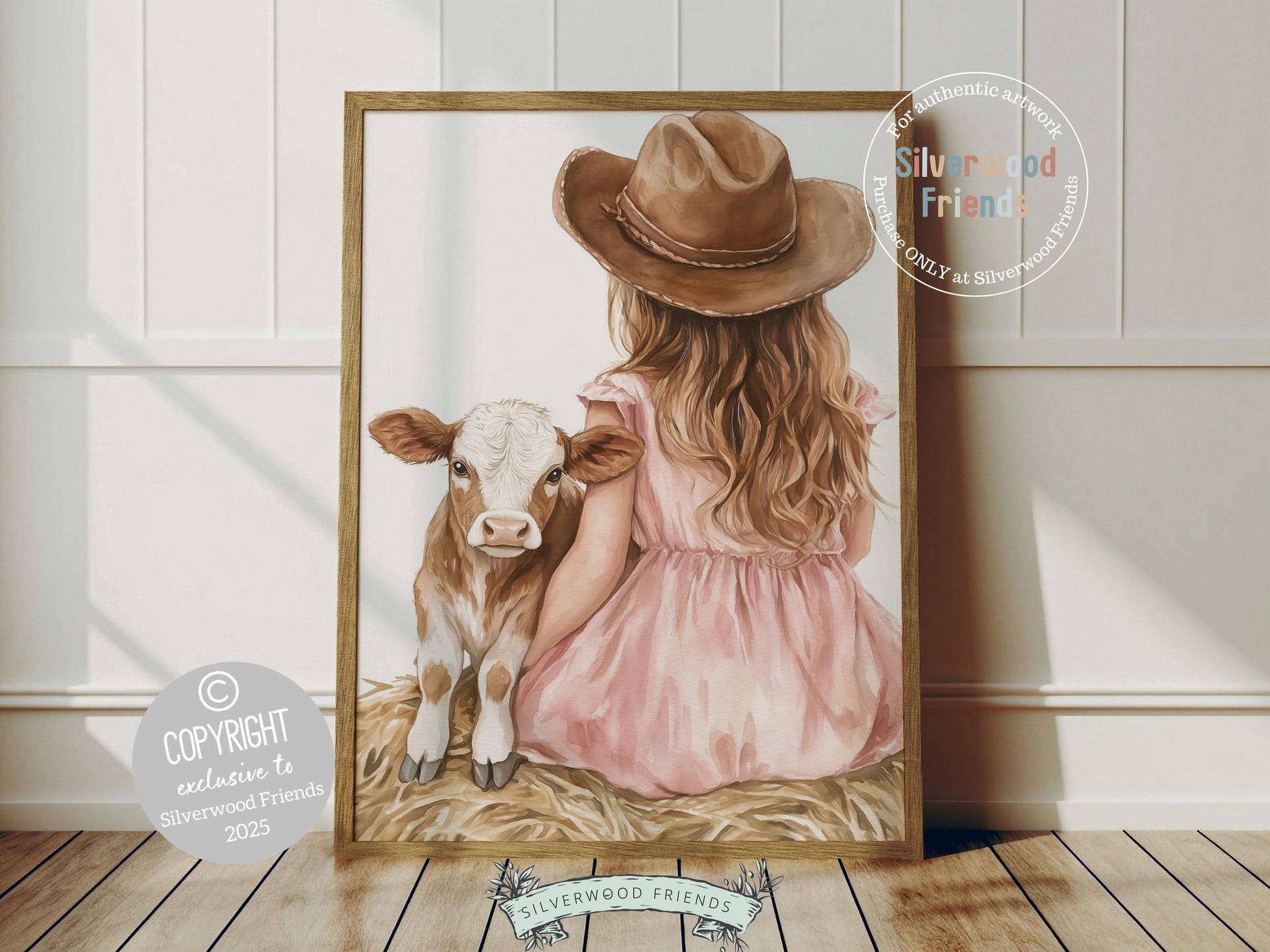 This charming watercolor print captures a sweet moment between a little cowgirl and her beloved Hereford cow calf, bringing warmth and rustic charm to any space. Perfect for western themed nurseries or kids farmhouse bedrooms, it also makes a heartfelt baby shower gift to be treasured for years to come!