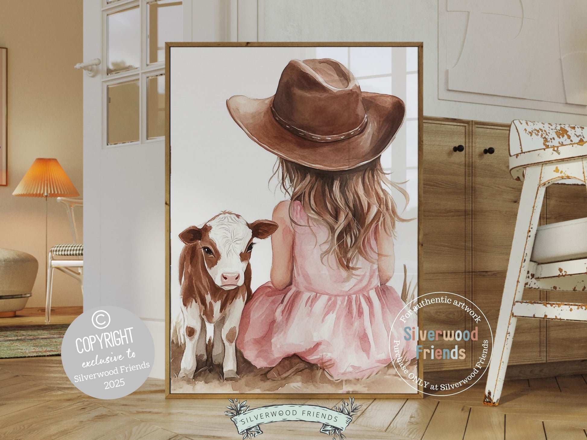 Baby Cow Nursery Print, Baby Girl Highland Cow Nursery Decor, Pink Cowgirl Nursery Print, Kids Cute Farm Animal Room Decor Digital Print