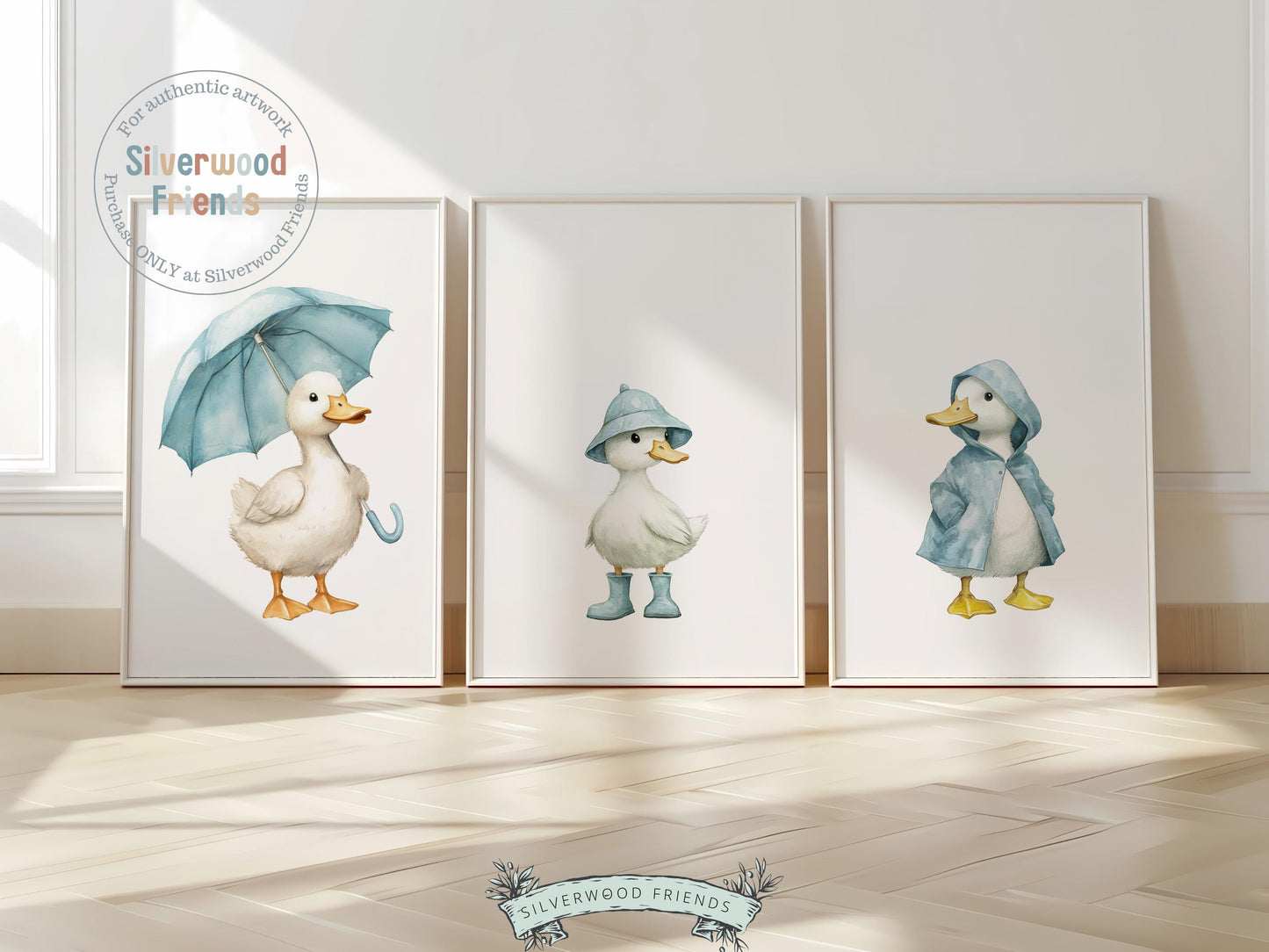 Our delightful Blue Duck Prints showcase adorable watercolor ducks dressed in raincoats, boots and umbrella, adding a cozy and whimsical touch to any space. Perfect for both nursery and mudroom decor, this versatile artwork makes a charming gender-neutral baby shower or housewarming gift to be treasured for years!
