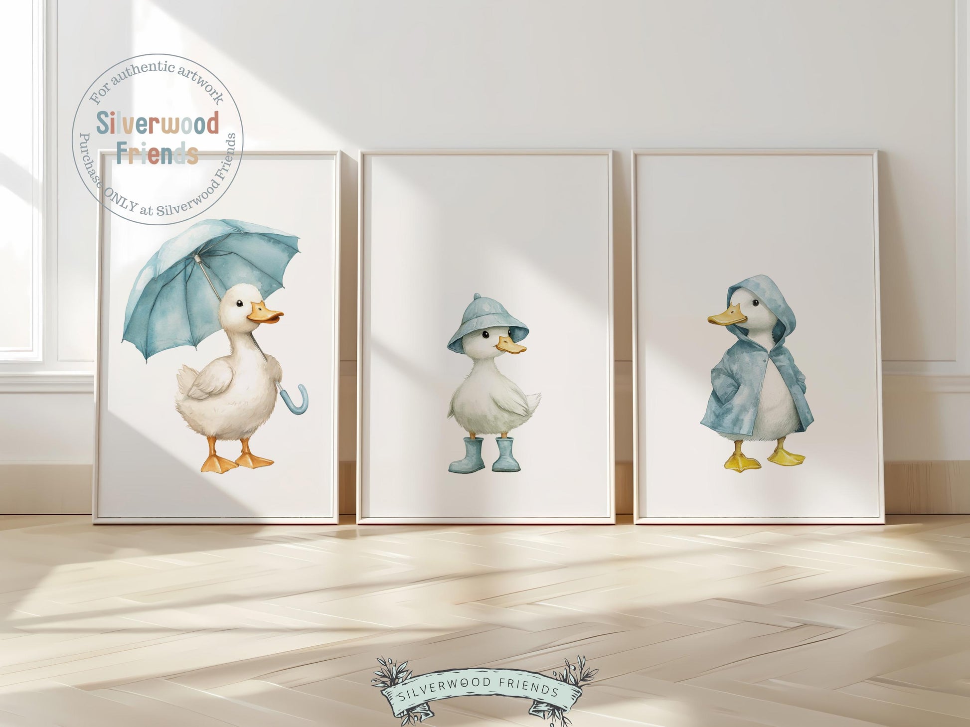 Our delightful Blue Duck Prints showcase adorable watercolor ducks dressed in raincoats, boots and umbrella, adding a cozy and whimsical touch to any space. Perfect for both nursery and mudroom decor, this versatile artwork makes a charming gender-neutral baby shower or housewarming gift to be treasured for years!